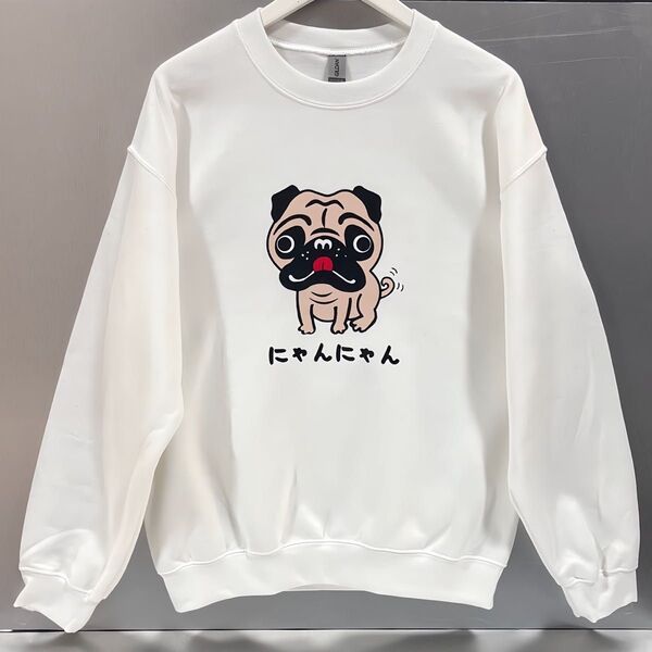 男女兼用 犬→にゃんにゃん なんでやねん トレーナー おもしろ スウェット/白
