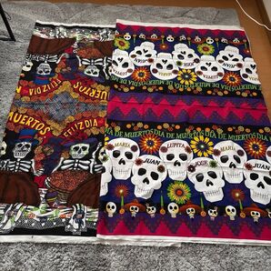 生地2枚セット 布 メキシコ購入 死者の日 Dia de los muertos ハロウィン ガイコツ