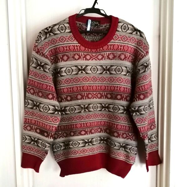 レナウン セーター ノルディック柄 幾何学模様セーター ウール クルーネック M ニット 長袖