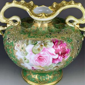 【美品】オールドノリタケ ジュエル 翠地金盛り蝶 薔薇紋花瓶 エナメル盛り ジュール