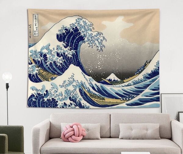 浮世絵風 波のデザイン ブランケット タペストリー 約130*150 cm