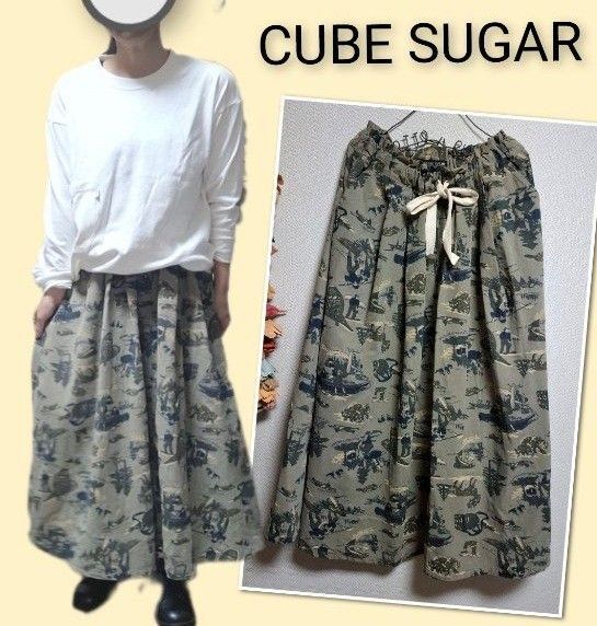 CUBE SUGAR アメカジ 秋アウトドア キャンプ アクティブ ボトムス 総柄 Aライン マキシ キューブシュガー