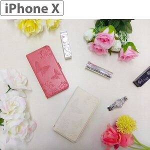 エアージェイ iPhone X用 手帳型ケース バタフライ柄（Pink）