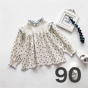 125 【人気商品】90cm キッズ花柄シャツ ブラウス ホワイト 白 キッズ 子供
