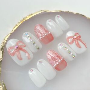 バレエコア ぷっくりリボン ネイルチップ ちゅるん キラキラ フレンチガーリー ジェルネイルチップ