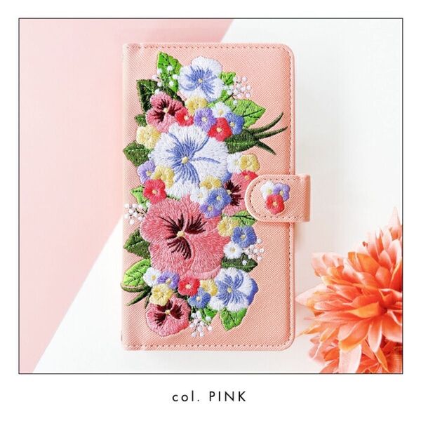 GALAXY S9 花柄刺繍手帳型ケース ピンク