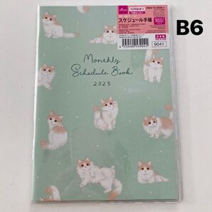 梱包・送料込★2025年★猫ちゃんイラスト B6ケジュール手帳キャット(パステルグリーン)日本製 薄型 クリアカバー付 月曜始まり