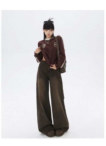 ルーズウォッシュ ワイドパンツ XL デニム ストレート レッグパンツ ブラウン 韓国 ファッション
