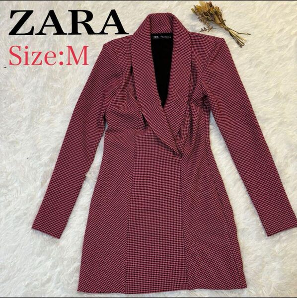 ZARA ザラ チェック柄 ロングジャケット Mサイズ ピンク 千鳥格子