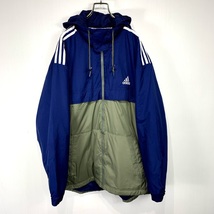 adidas 中綿入り ナイロン パーカー XOサイズ アディダス ネイビー カーキ 3本ライン ロゴ ジャンパー 大きい ビッグ サイズ ジャケット_画像1