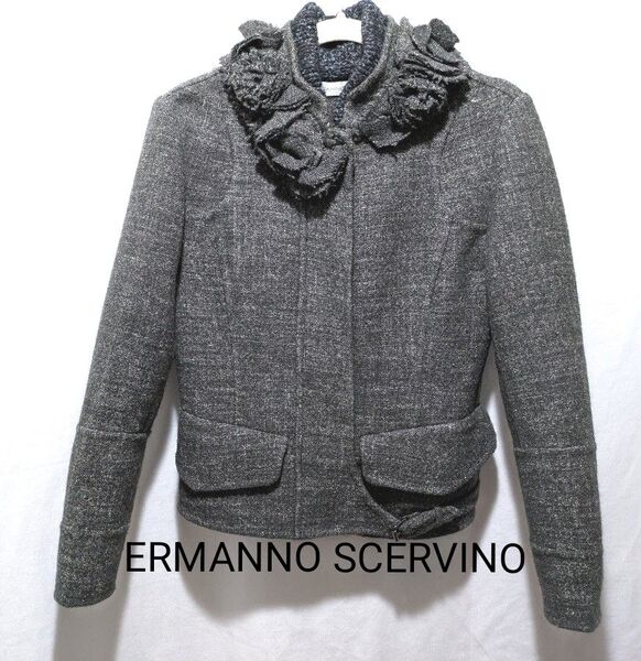 ERMANNO SCERVINO エルマンノシェルヴィーノ バージンウール 襟ニットフラワー ツイード ジャケット イタリア製