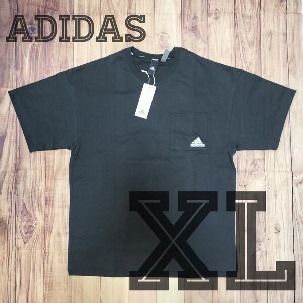 新品 adidas XL ポケット付きTシャツ ブラック ポケT ヘビーコットン ワンポイント