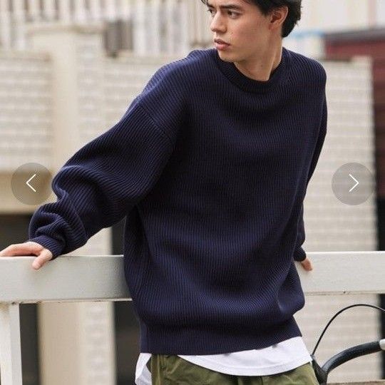 【ウォッシャブル×抗ピリング】畦編みニット ビッグシルエット カラーリング クルーネック セーター ネイビー