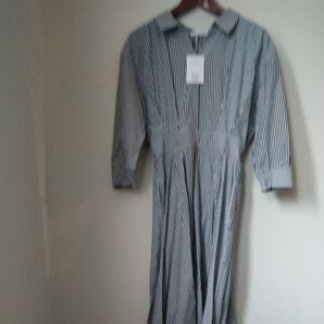 ワンピース スキッパー衿 7分袖 ストライプ ワンピース ロング レディース