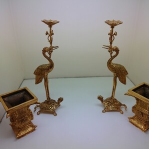 仏具 鶴亀 浄土真宗 真宗大谷派 花立3.5寸一対 燭台9寸一対 中古 サビあり