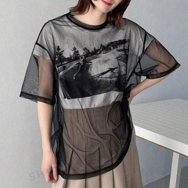 【大きいサイズ】シースルーチュールTシャツ XL
