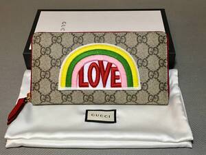 新品 本物 グッチ LOVE レインボー 刺繍 ラウンド ファスナー GG レザー 長財布 GUCCI ロゴ 革 財布 虹 ワッペン 赤 レッド ブラウン 茶