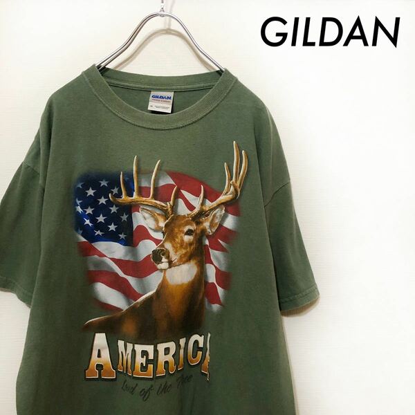 【送料無料】GILDAN ジルダン★トナカイプリント 半袖Tシャツ オリーブ 緑