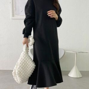 【低身長/高身長向けサイズあり】裏起毛ソフトスウェットマーメイドワンピース ブラック低身長向け