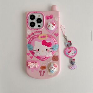 iPhone13 スマホカバーキティちゃん ガラケーデザインストラップ付き