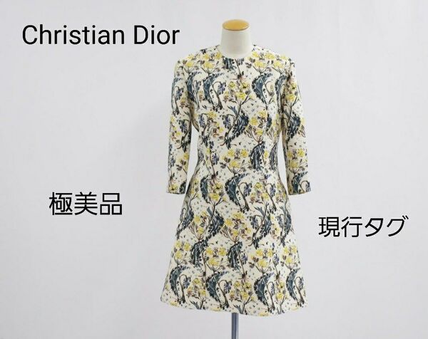 Christian Dior ワンピース フレアライン Aライン 花 ボタニカル クリスチャンディオール ドレス 総柄 七分袖 M