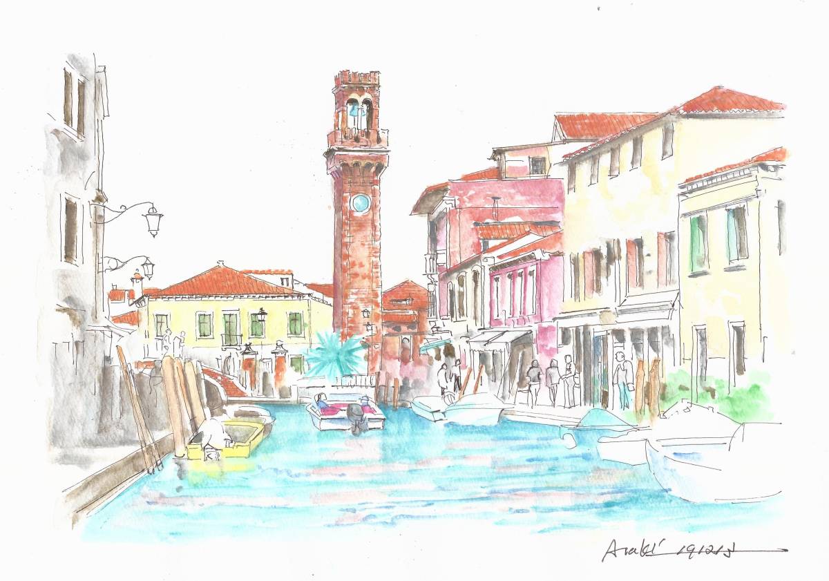 منظر المدينة التراثي العالمي, جزيرة مورانو, إيطاليا, ورق رسم F4, اللوحة المائية الأصلية, تلوين, ألوان مائية, طبيعة, رسم مناظر طبيعية