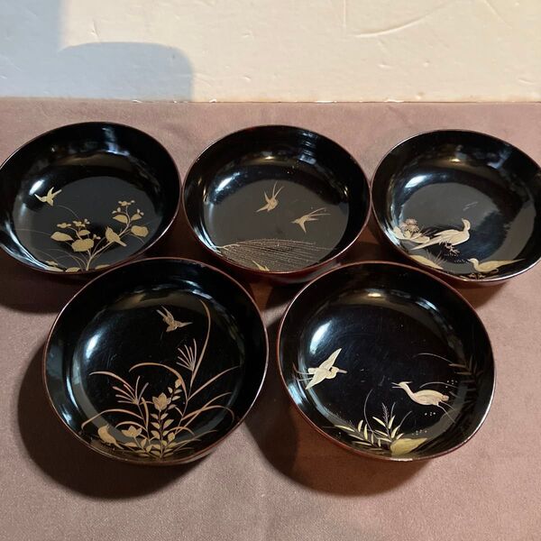 漆芸 漆器 木製 蒔絵 小鉢 豆皿 銘々皿 骨董 五客