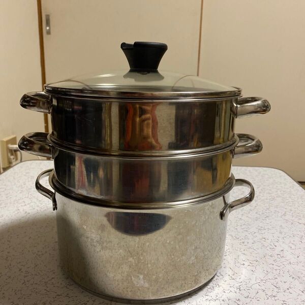 ステンレススチール 二層蒸し器兼両手鍋 蒸し器 ステンレス製
