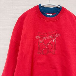 春服 春 人気 可愛い ★JER ZEES トレーナー アメカジ 古着 レッド 90sビンテージ 赤 USA製 ネコ 猫 レトロ