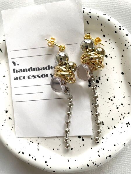 【バイカラーチェーンピアス】ハンドメイド ピアス ゴールド シルバー
