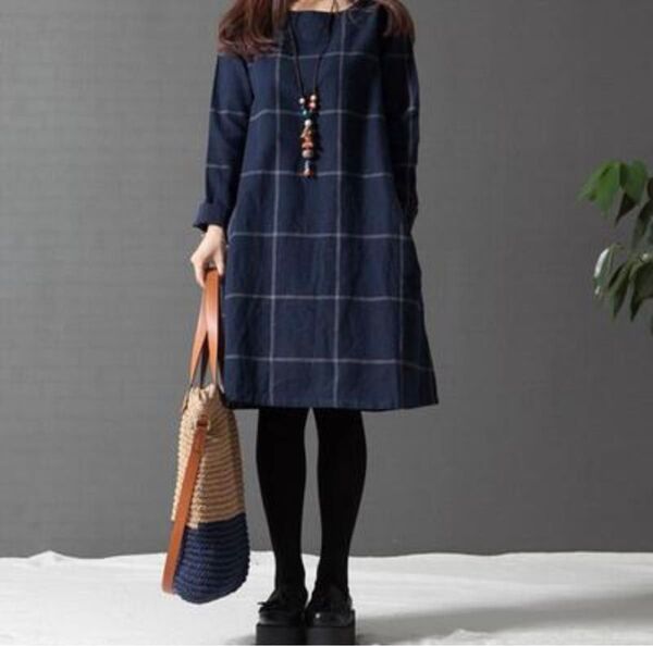訳あり ワンピース カジュアル ゆったり チェック柄 長袖 体型カバー