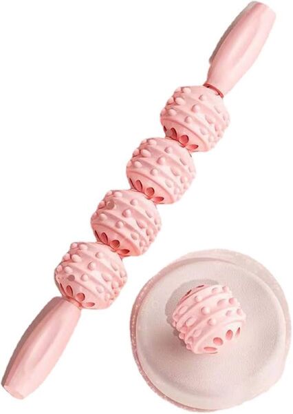筋膜ローラー マッサージローラー マッサージスティック スティック 筋膜リリース ローラー 4つのローラーヘッド付き、ピンク