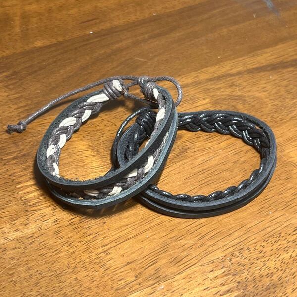 3713ブラック④、ベージュブラウン⑤色 2本セット レザー 編み紐ブレスレット ハンドメイド アクセサリー 革紐 編み込み ブレスレット