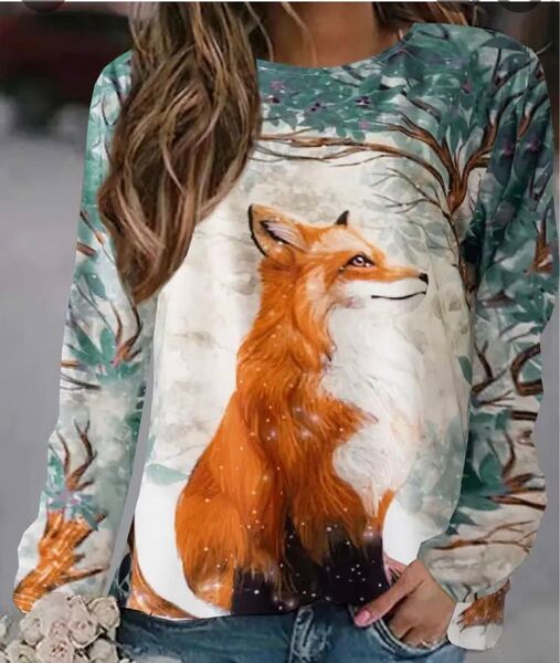 キツネ柄 長袖Tシャツ Mサイズ