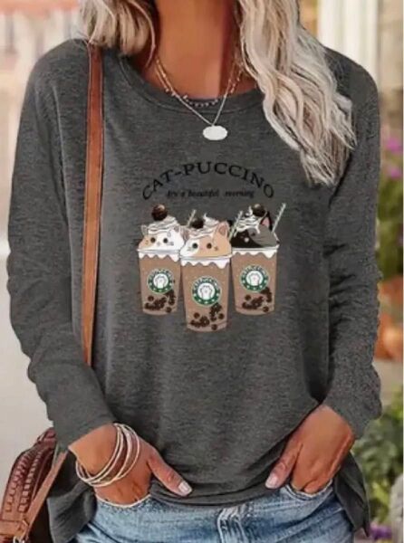 キャット・プチーノ♪ 猫柄 長袖Tシャツ プルオーバー ダークグレー Mサイズ