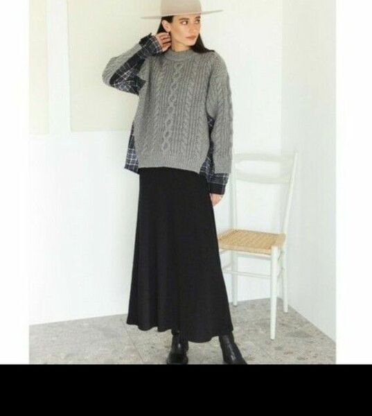 ALEXIA STAMShirt Docking Cable Knit Topグレーネイビーチェックドッキングニット検trefle