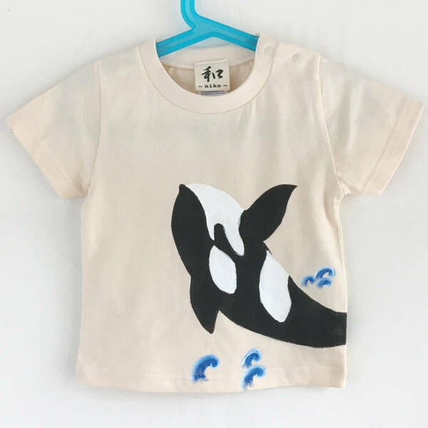 キッズ Tシャツ 130サイズ ナチュラル シャチTシャツ 手描きで描いたシャチのTシャツ 半袖 動物 子供服 ハンドメイド