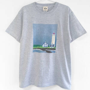 Art hand Auction メンズ Tシャツ Sサイズ 灯台柄 手描きTシャツ カジュアル ハウス 絵本 北欧, Sサイズ, 丸首, 柄もの