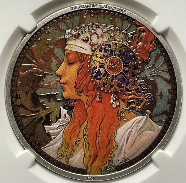 2024 銀メダル アルフォンス・ミュシャ ビザンティン風の頭部:ブロンド NGC PF70 Antiqued Mucha