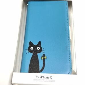 匿名送料込みiPhoneX用カバー 手帳型 ケース COLLABORN 可愛い黒猫柄 ブルー系 新品iPhone10 アイホンX アイフォーンX/EK7