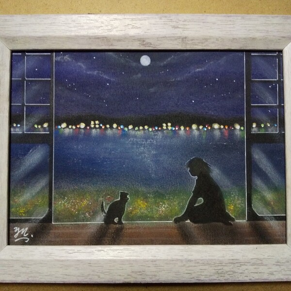 【匿名配送】絵画 「夜の縁側」 2Lサイズ額つき