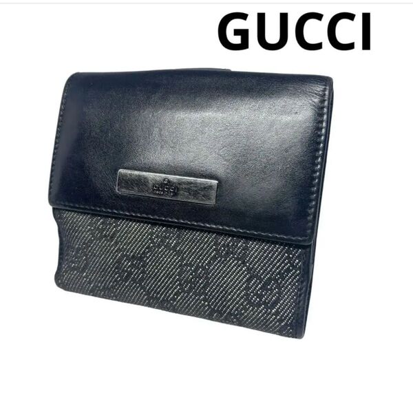 GUCCI 美品☆財布 黒 レザー GG 小銭入れ有 キャンバス 高級