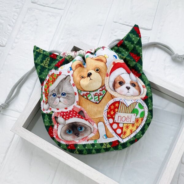 Lサイズ/猫型 巾着/シーズー シャムネコ/ハンドメイド/コヤンイサムチョン