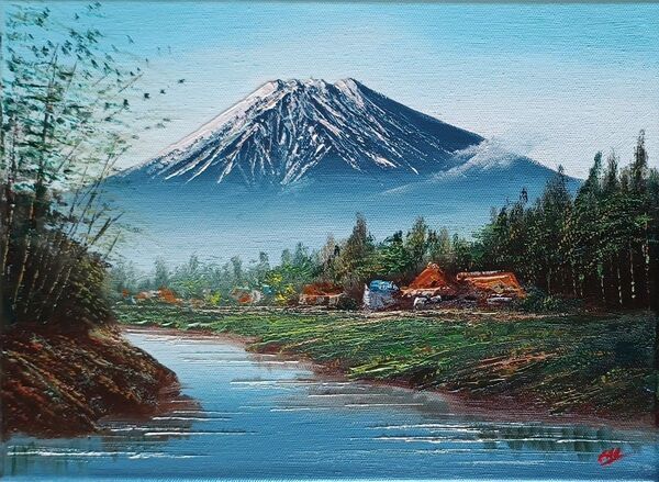 手描き油彩画忍野富士F4