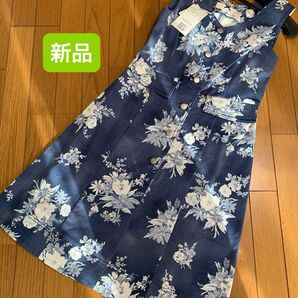 新品 ノースリーブ ワンピース M インディゴ デニム風 花柄