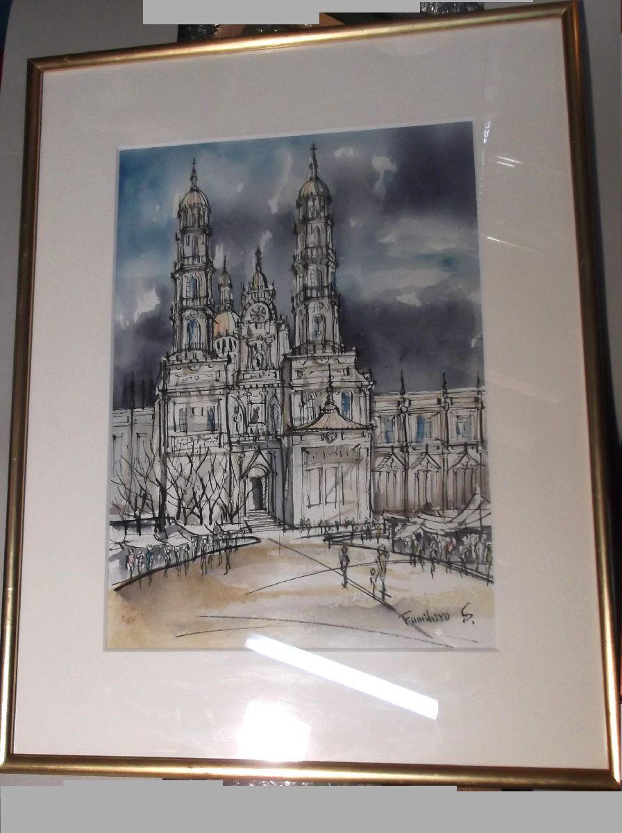 Watercolor handwritten framed Fumihiro Seike Cathedral Many awards, painting, watercolor, Nature, Landscape painting