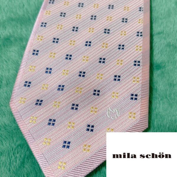 ミラショーン mila schon ブランド ネクタイ ピンク イタリア ストライプ 柄 ロゴ 美品 結婚式 お呼ばれ 冠婚葬祭