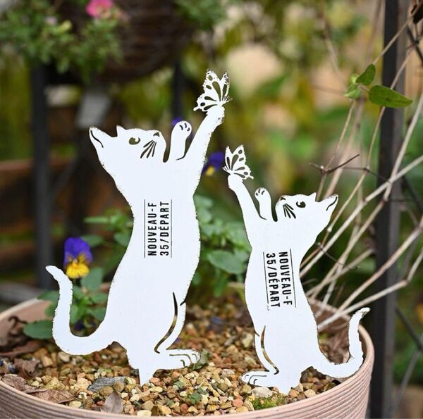 ガーデンピック 猫 蝶 2個セット オーナメント オブジェ ガーデニング