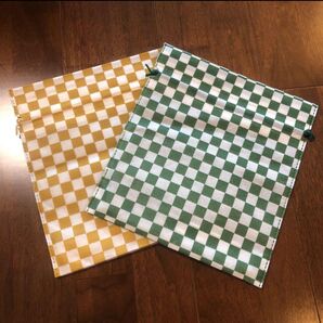 不織布 巾着 緑色 黄色 2枚セット 格子柄