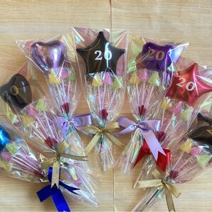 成人式 プチバルーン付お菓子ブーケ 7個 プチギフト 成人式記念 結婚式 発表会 プレゼント 卒業 卒園 記念品 お配り用 お祝い